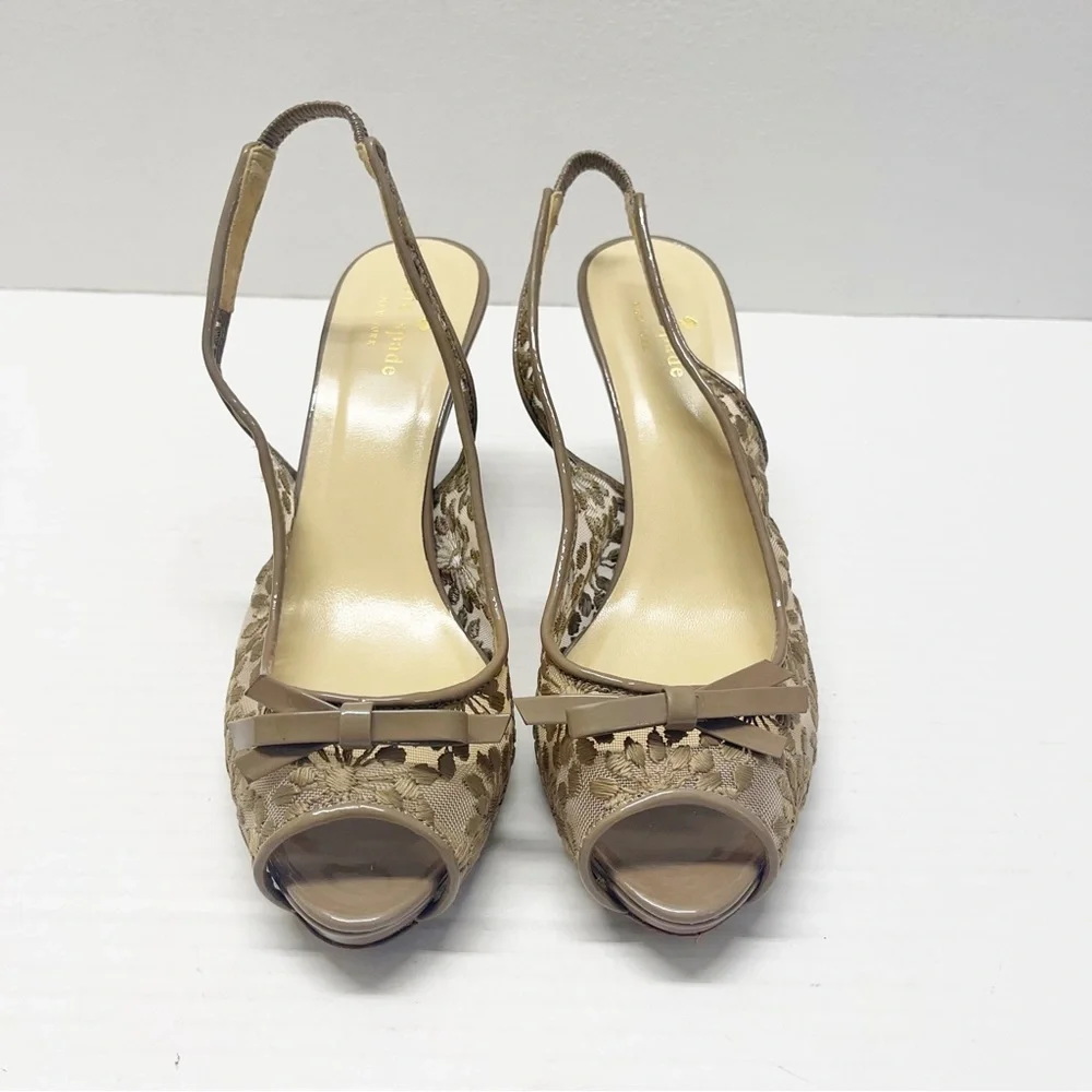 Kate Spade Daisy Mesh Patent Bow Heeled Shoes Open Toe Taupe Sz 7.5
